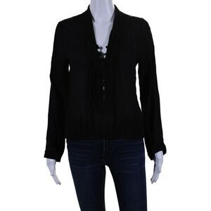 Donale St. Barth Women's  V-Neck Long Sleeves Cinch Waist Blouse Black Size S